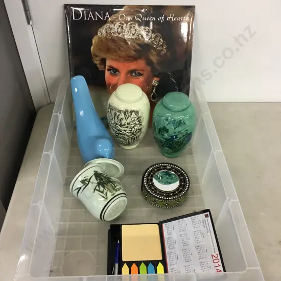 Clear Bin Of Assorted China Items, Ornaments Etc